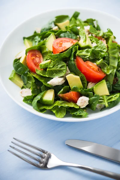 Salade fraîche et saine avec poulet, tomates, épinards et avocat sur fond de bois bleu close up — Photo