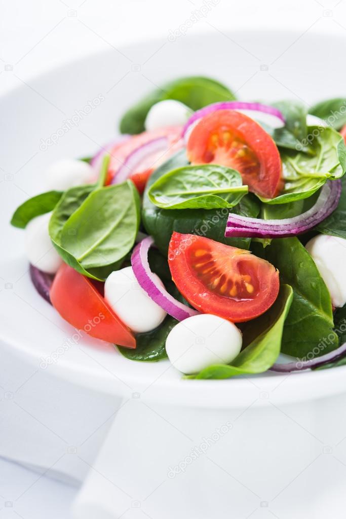 Fresh salad with mozzarella cheese, tomato, spinach and purple onion close up