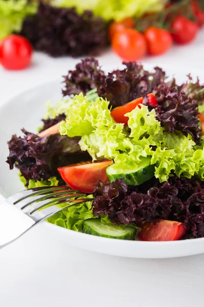 Salad segar dengan selada hijau dan ungu, tomat dan mentimun pada latar belakang kayu putih dekat . — Stok Foto