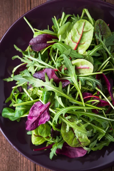 Salada fresca com verduras mistas (arugula, mesclun, mache) em fundo de madeira escura vista superior . — Fotografia de Stock