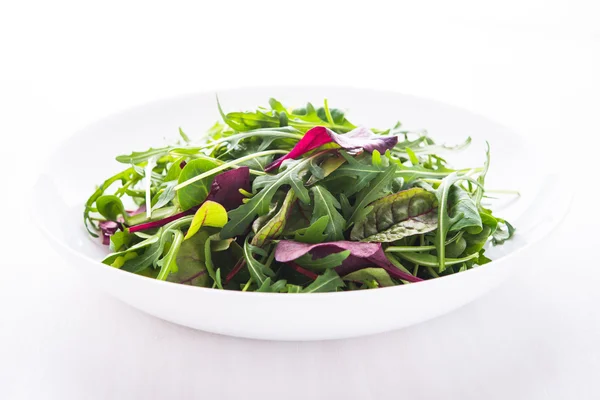 Salade fraîche aux légumes verts mélangés (roquette, mesclun, mache) sur fond de bois blanc gros plan . — Photo