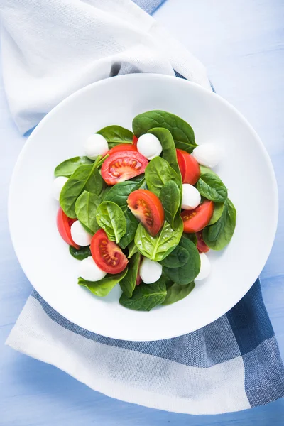 Insalata fresca con mozzarella, pomodori e spinaci su fondo blu in legno vista dall'alto . — Foto Stock