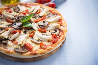 tavuk, domates ve mantarlı pizza