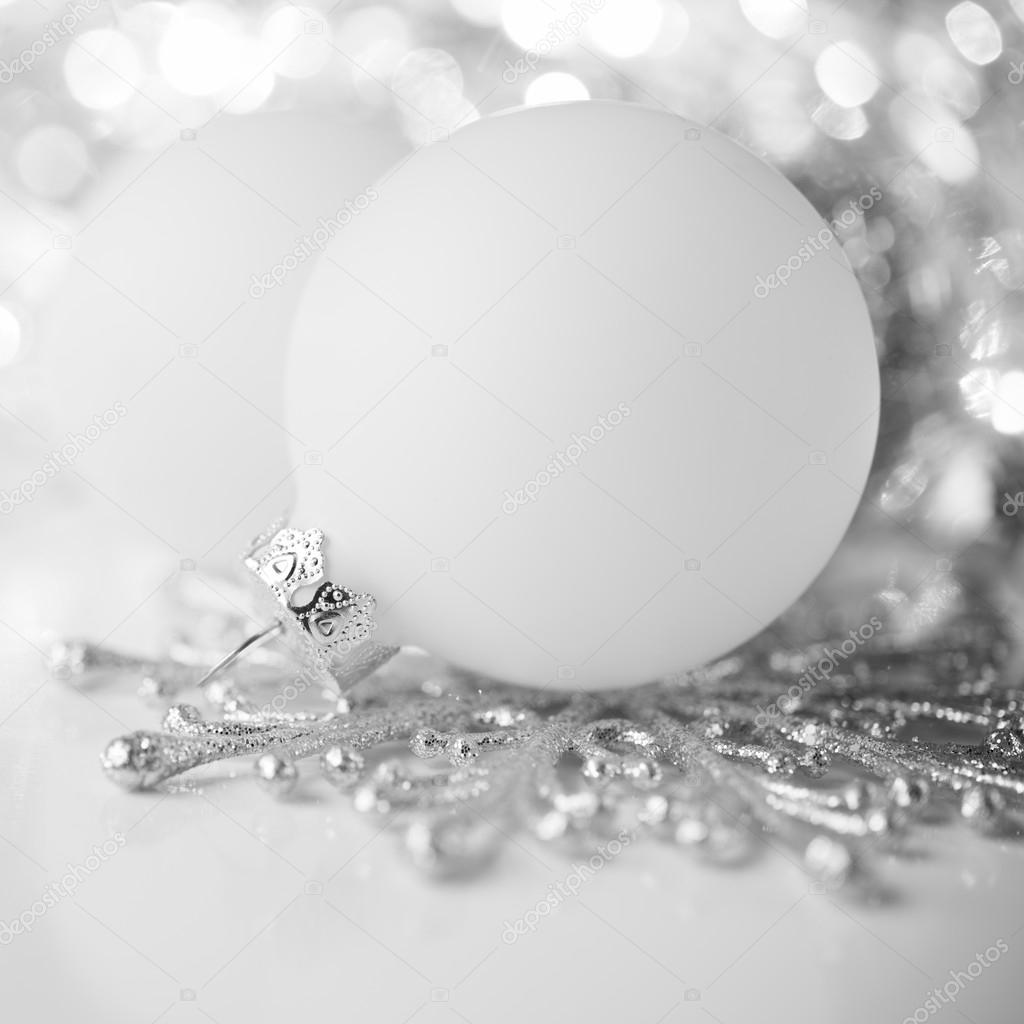 Silver and white christmas decoration on holiday background. Merry xmas card.