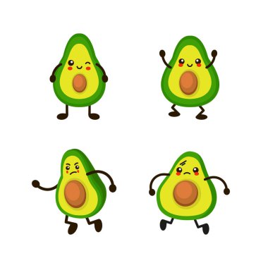 Şapkası ve kalbi olan sevimli bir avokado karakteri. Doğum günü daveti, kartpostal ve çıkartma için vektör illüstrasyonu