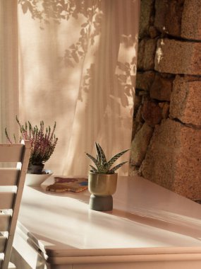 Sulu ve Heather 'ın olduğu güneş ışığı verandası Beyaz Masa, Taş Duvar ve Çiçek Gölgeleriyle Örtüler