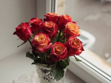 Windowsill 'deki Beyaz Örgü Peçetesi' nde Klasik Cam Vazoda Dokuz Gül, Pencereden Görünür Bulanık Araba, Yatay Kapalı