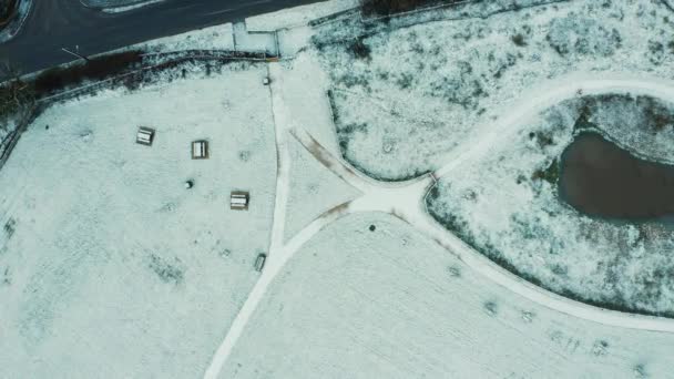 Nevicate e nebbia più bianca sopra piccolo villaggio rurale inglese in campagna, Cheshire Regno Unito. Natale 2020. La mattina presto — Video Stock