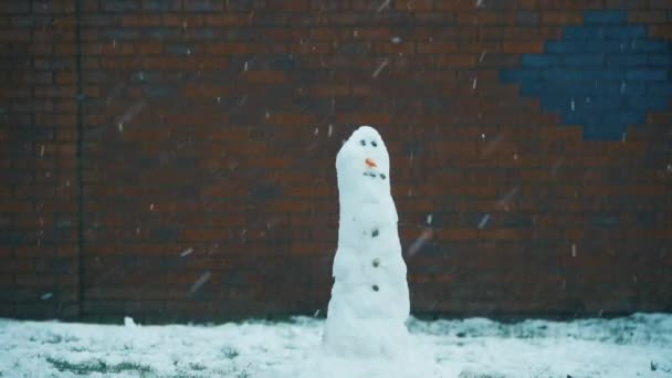 4k Снеговик в саду, как его снег перед кирпичной стеной — стоковое видео