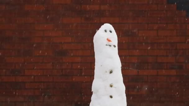 120fps Slow Mo Snowman w ogrodzie jako jego śnieg przed murem z cegły — Wideo stockowe