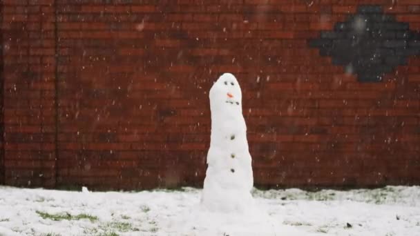 120fps Slow Mo Snowman in the garden as its snowing in front of a brick wall — Stock Video