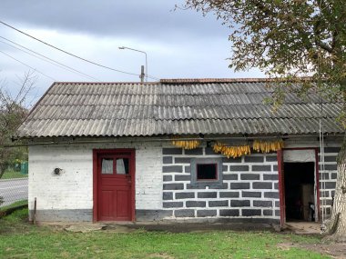 Kırsal tuğla kulübesi. Köy evinin yanındaki malzeme odasında. Malikanenin avlusunda yaz mutfağı.