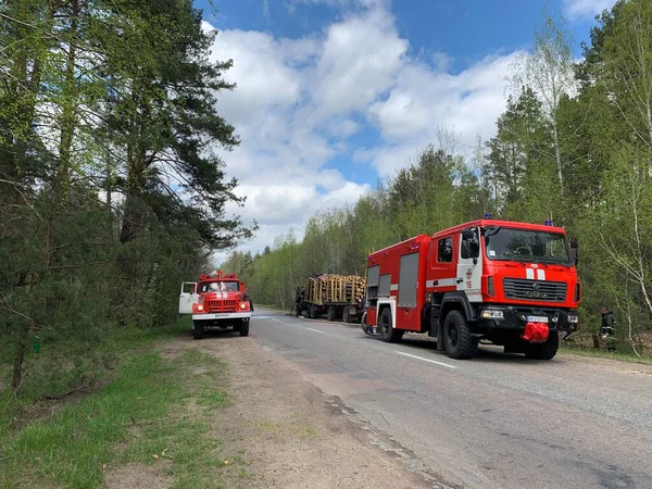 Pompierii Stins Camion Lângă Pădure Fum Foc Cabina Camionului Transportor — Fotografie, imagine de stoc