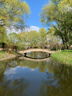 Parktaki su birikintisinin üzerinde bir köprü. Nehrin üzerinden geçen yayalar. Şatonun Radomyshl, Zhytomyr bölgesindeki bölgesi..