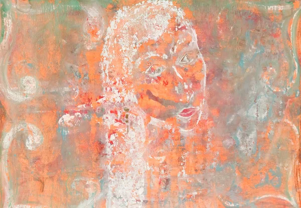 Vintage-Malerei mit abblätternder Farbe. Abstraktion mit der Erscheinung eines jungen Mädchens auf einem bunten, hellen Hintergrund — Stockfoto
