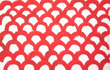 Geometrik el kırmızıyla çiziliyor. Kemerler ya da pullar. Kumaş, defter, kağıt, pankart için baskı. Beyaz arkaplanda modelle.