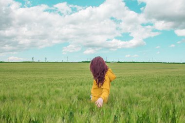 Parlak kızıl saçlı güzel kız buğday tarlasında mutlu. Küçük bulutsuz mavi gökyüzü, tarım ve köy kavramı