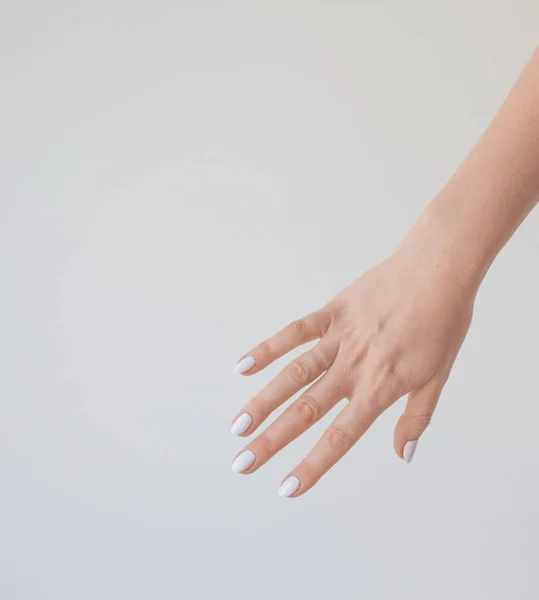 Female hand with a beautiful manicure on a background of a white wall. Delicate and healthy skin on the hands, rejuvenation of the skin of the hands, moisturizing and care Stock Image