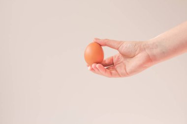 Kadının elinde, penceresinden güzel bir gölge ve güneş ışınlarıyla bir yumurta. Tasarım için minimalist duvar kağıdı ya da kartpostal. Paskalya konsepti, gri bir arka plan, güzel bir arka plan.. 