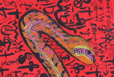 Kırmızı arka planda hiyeroglifli bir yılan resmi. Güzel ve tehlikeli zehirli bir yılan koruduğu sırları sembolize eder. Şifreli yazıtların tasviri, gizemli bir mesaj.