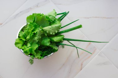 Taze taze taze marul ve diğer yeşillikler ev bahçesinden. Doğal gübrelerde yetişen organik salata tüm ailenin sağlığı için..