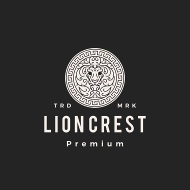 Aslan arması yuvarlak amblem hipster vintage logo vektör simgesi illüstrasyonu