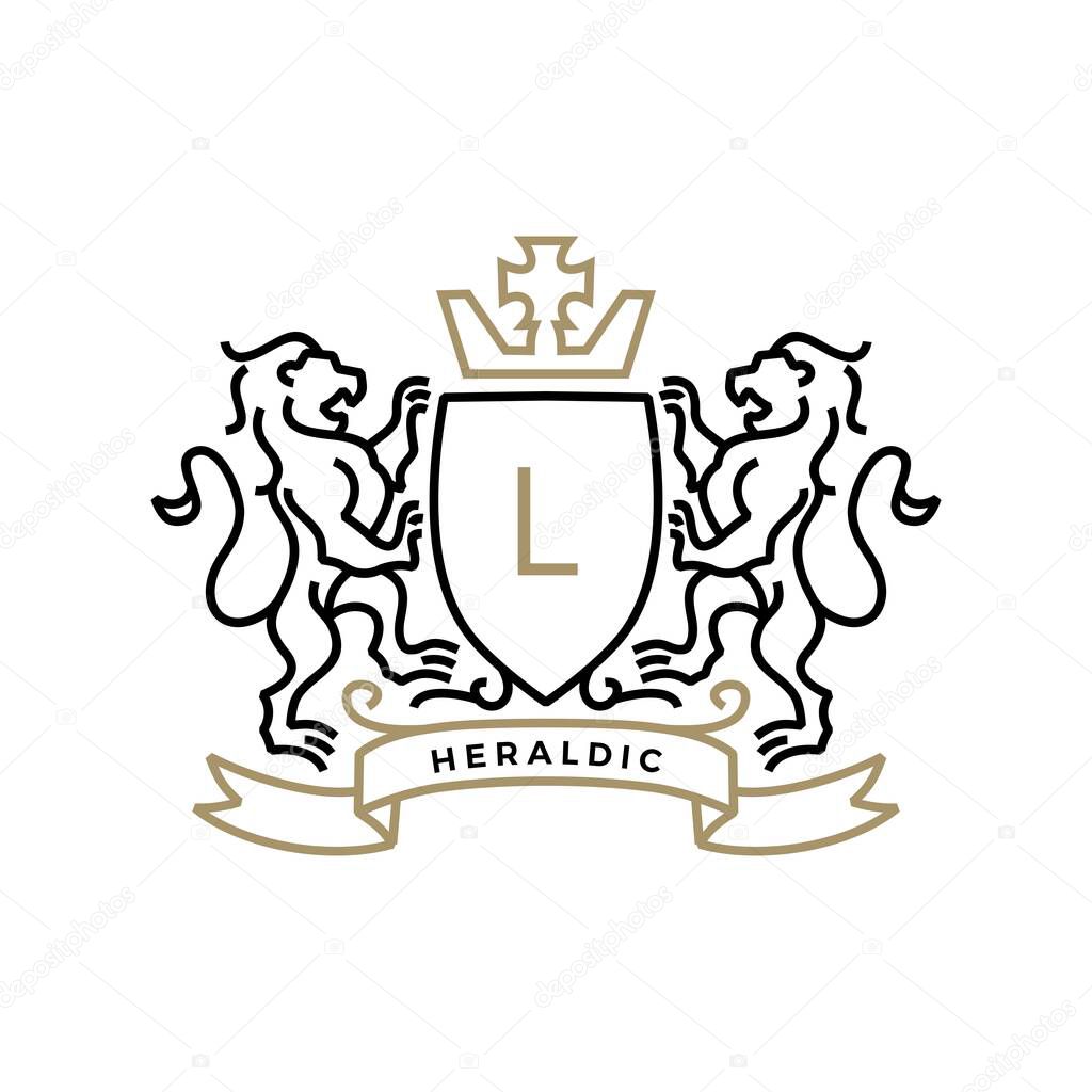 lion coat of arms heraldic logo vector icon illustration