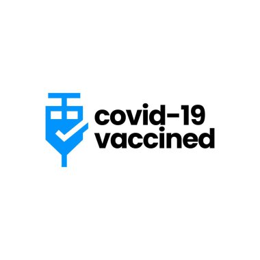 Enjeksiyon aşısı kontrolü. Aşılanmış covid 19 logo vektör çizimi var.