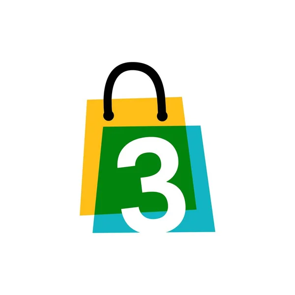 Anzahl Drei Shop Store Shopping Bag Überlappende Farbe Logo Vektor — Stockvektor