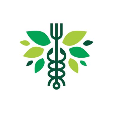 Caduceus Çatal Tıbbi Gıda Restoranı Yaprak Vejetaryen Vejetaryen Logo Vektör İllüstrasyonu