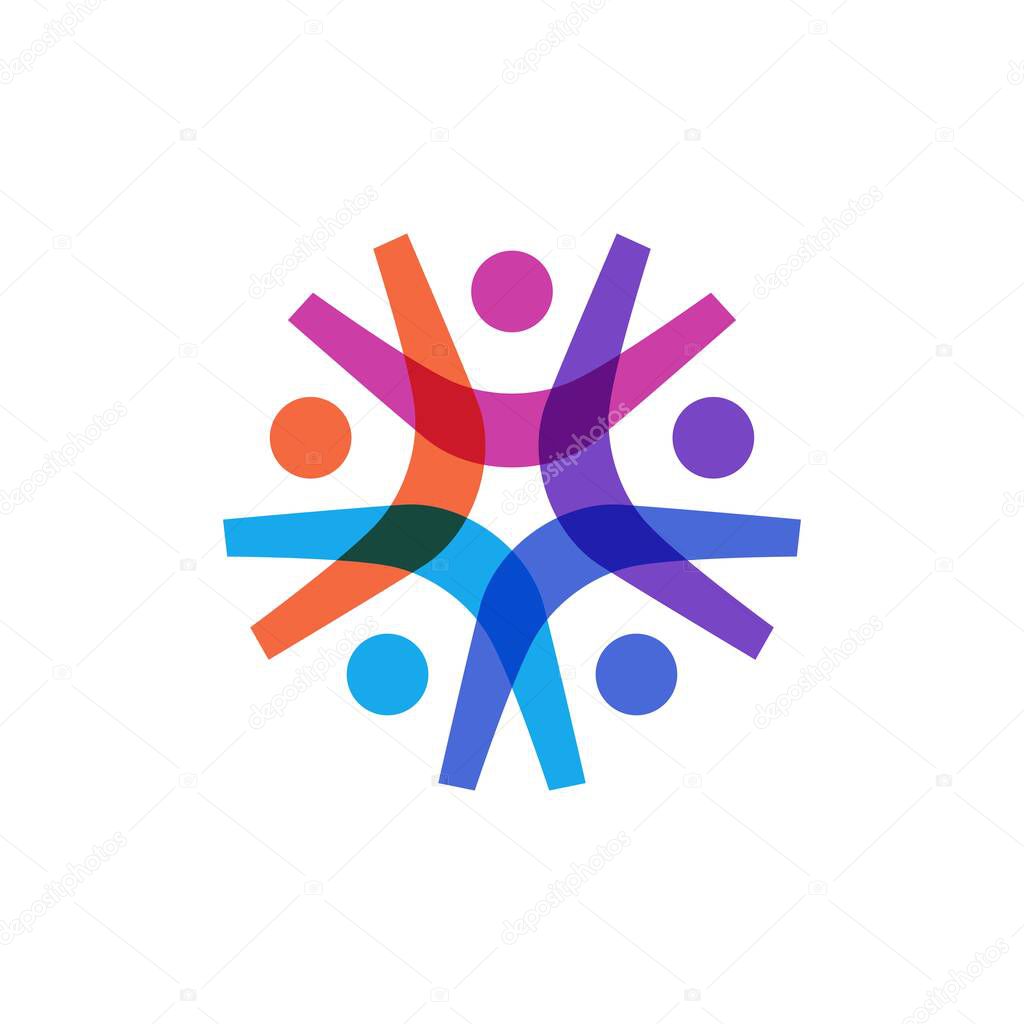Group of five people color overlap overlapping 5 team family together logo vector icon illustration