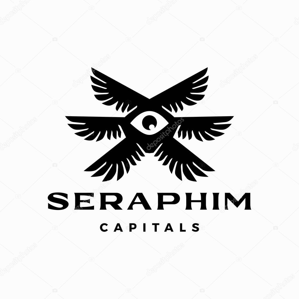Seraphim eye six wings logo vector icon illustration