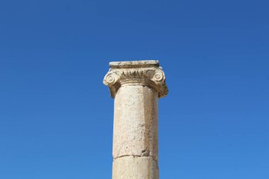 Oval Plaza sütunları mavi gökyüzünde izole edildi; büyük Roma şehri Jerash - Gerasa, Ürdün 'ün Jerash şehrinde yer aldı.