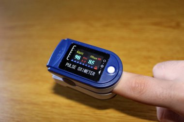 Üzerinde nabız oksimetresi olan parmak ucu. Sağlıklı Konsept