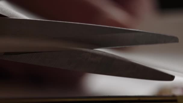 Paslanmaz Çelik Makasın Yakın Çekimi Bir Kağıt Yaprağını Kesti Ofis — Stok video