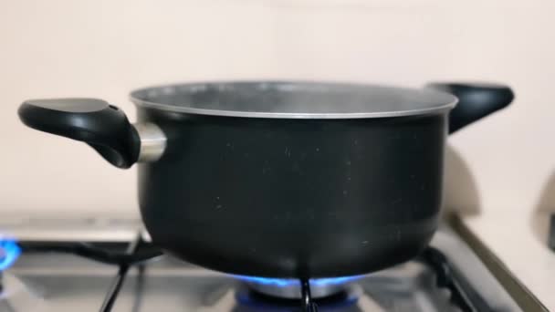 White Steam Rises Boiling Water Saucepan Water Boils Saucepan — Stock Video