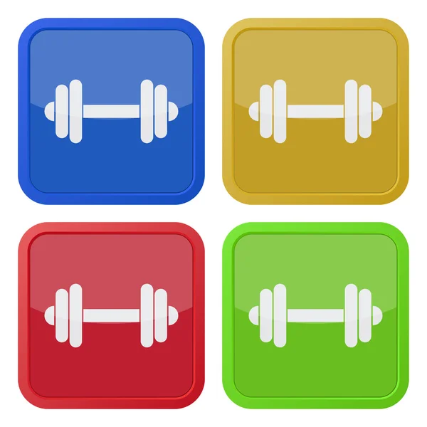 Set of four square icons with dumbbell — Stock Vector