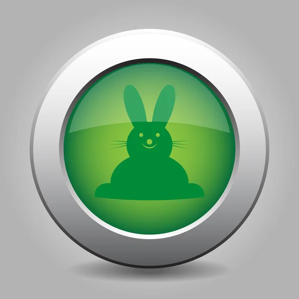 Зеленая металлическая кнопка с пасхальным кроликом — стоковый вектор