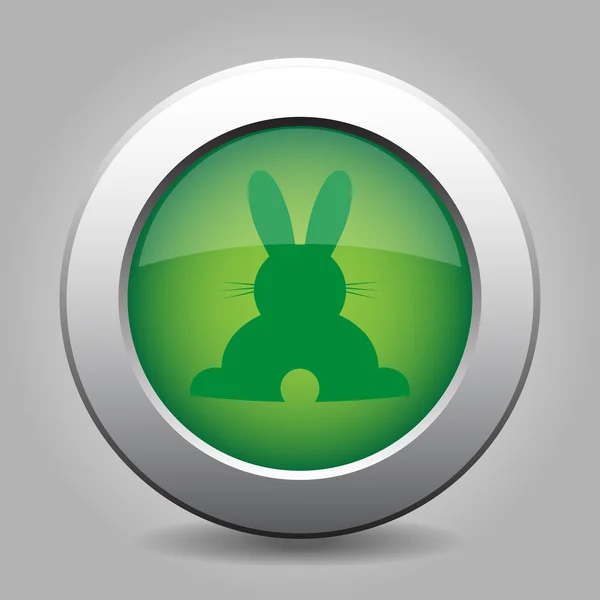Зеленая металлическая кнопка с задней Пасхальный кролик — стоковый вектор