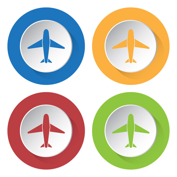 set of four colored icons with airplane