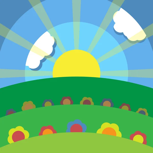 Paisaje con flores y sol — Vector de stock