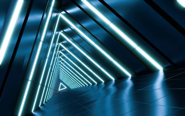 Streszczenie Futurystyczny Ciemny Korytarz Neonowym Światłem Koncepcja Przyszłości Renderowanie — Zdjęcie stockowe