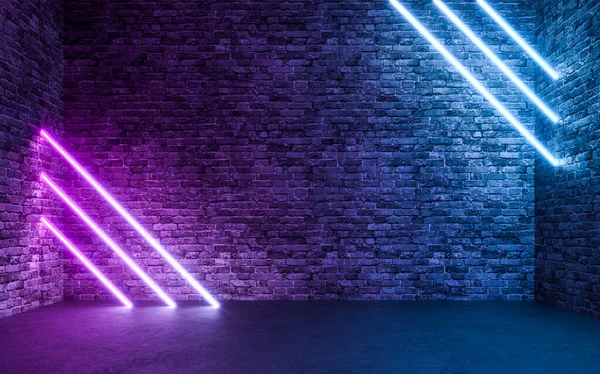 Аннотация Neon Light Empty Grunge Concrete Brick Room Background Рендеринг — стоковое фото