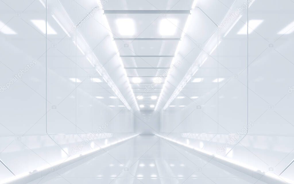 Sci-fi spaceship corridor white color design. 3D rendering