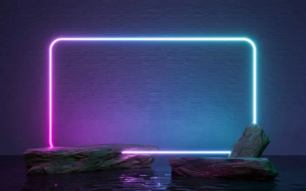 Neon frame sign in the shape with rocks and reflection in the water. 3d rendering