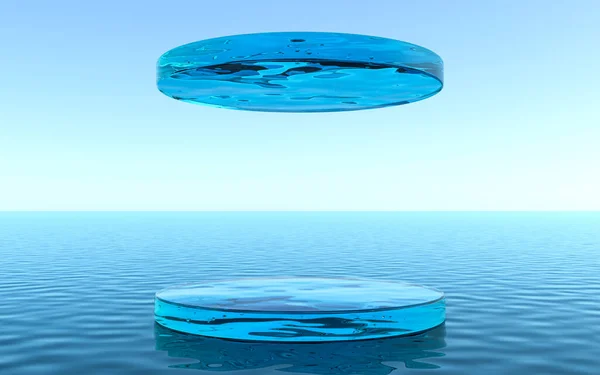 Water pedestal for product display, liquid floor with reflection in the water. 3d rendering