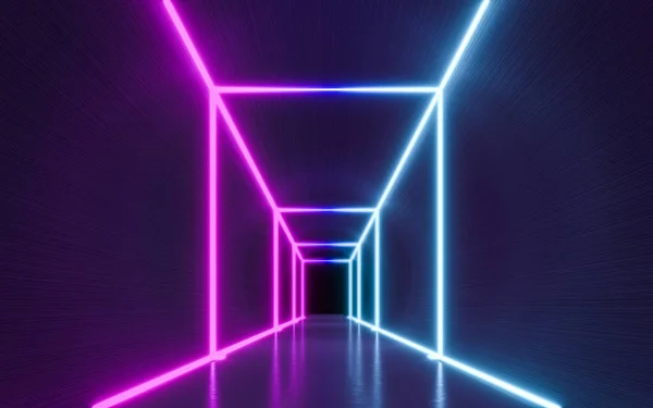Futurystyczne Sci Ciemne Puste Tło Niebieskimi Fioletowymi Światłami Neonowymi Renderowanie — Zdjęcie stockowe