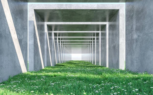 Architecture Corridor with Lawn. Concept Design. 3D rendering