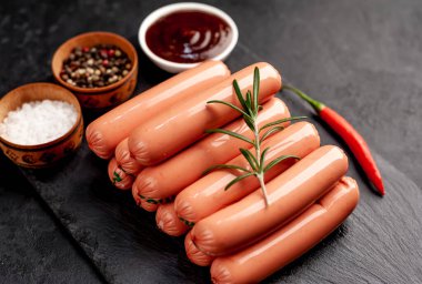 Taş zeminde çiğ klasik sosis ve sos