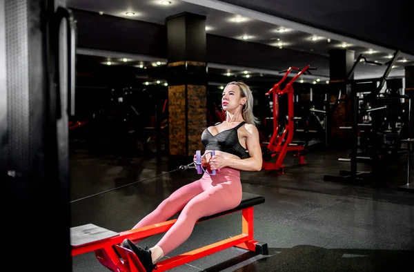 Jovem Mulher Sportswear Fazendo Exercícios Com Halteres Ginásio — Fotografia de Stock